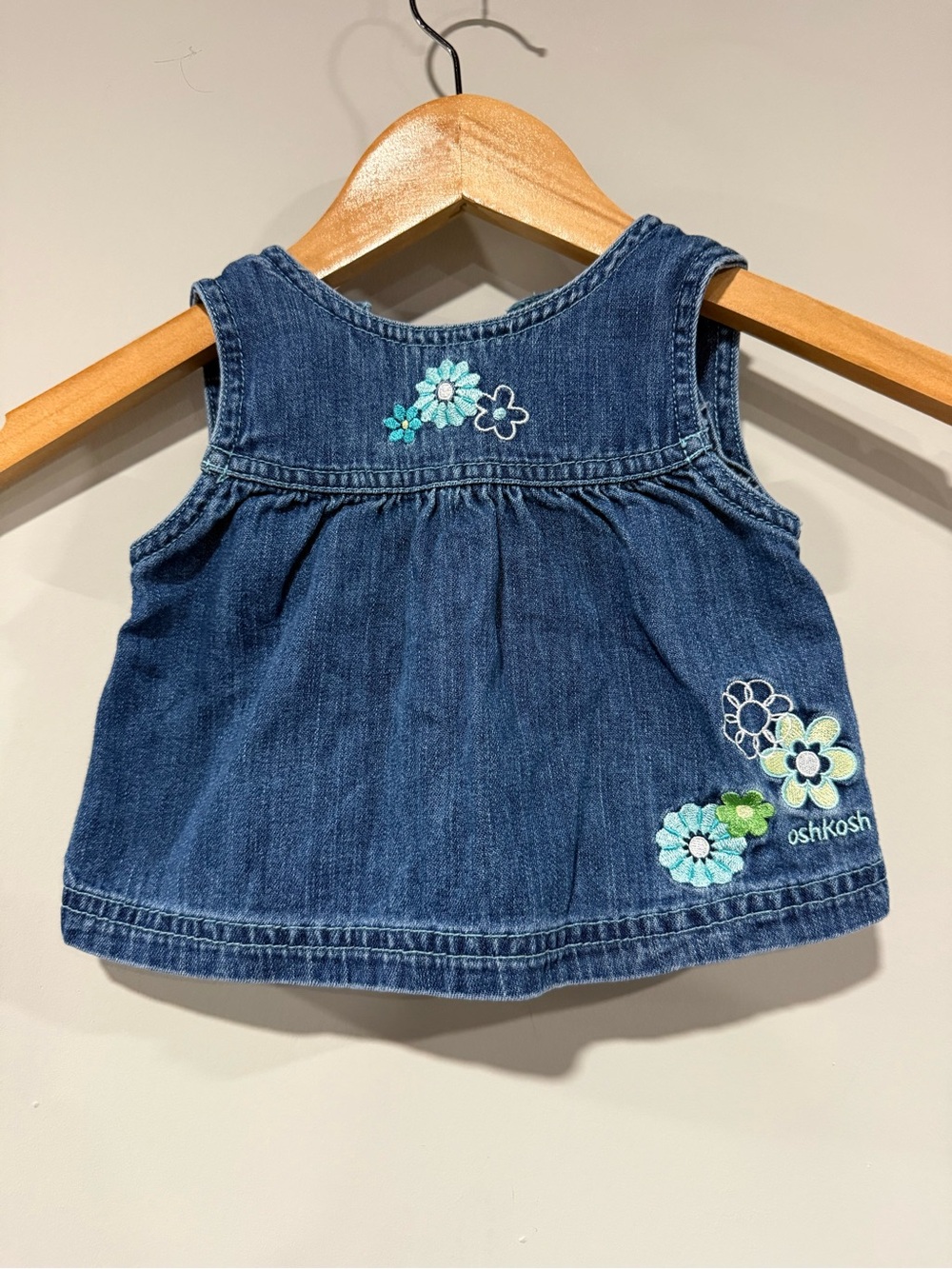 Vintage OshKosh B'gosh Denim Blue Floral Embroidered Baby Dress